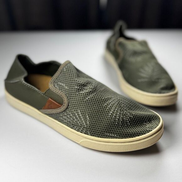 OluKai Pehuea Slip On Shoes Womens 9 Olive Green Mesh Palm Print Casual Comfort - Picture 1 of 11
